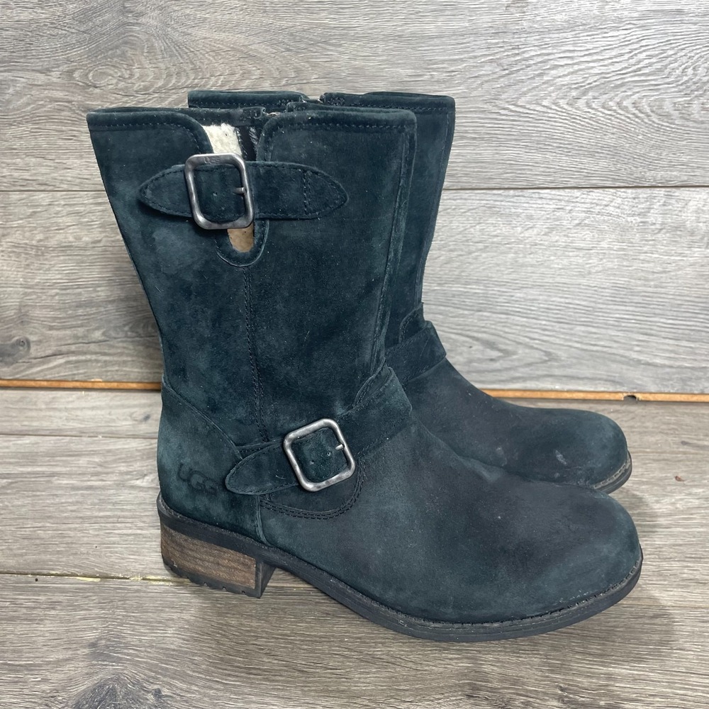 UGG Boots Womens 7 Chaney Black Suede Leather Moto Buckle Zip Up Luxury Comfort